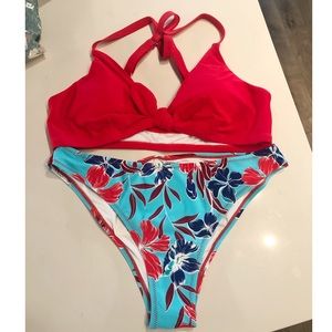 NWT: Cupshe Red and Floral Print Low Rise Bikini